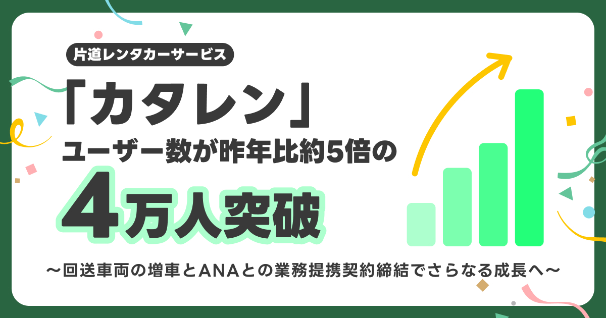 片道レンタカーサービス「カタレン」ユーザー数が昨年比約5倍の4万人突破